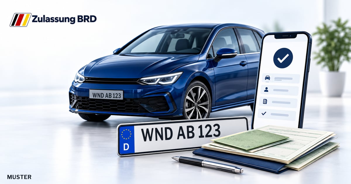 Online Fahrzeugzulassung in St. Wendel: Musterkennzeichen WND AB 123, Auto und Fahrzeugpapiere und Smartphone. Illustration mit Logo von Zulassung BRD.